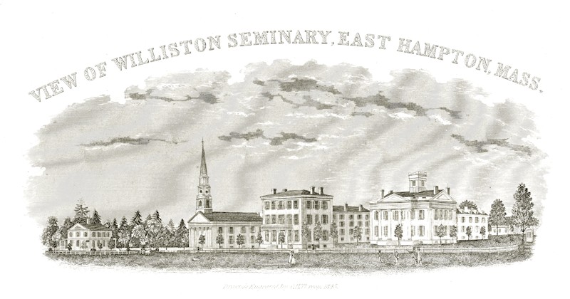 The campus in 1845, showing Principal Wright's house, the First Church, English (Middle) Hall, and the White Seminary.