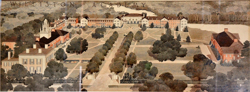 The full rendering of the master plan. The Homestead is at left. Above (east of) it is Memorial Hall, then a dormitory complex. The dining hall is at the end of the avenue, with Ford Hall and the Recreation Center to the right.