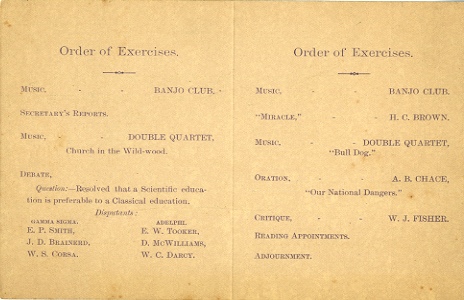 The program from the first annual joint debate, 1886. The decision went to Gamma Sigma, who argued the affirmative.