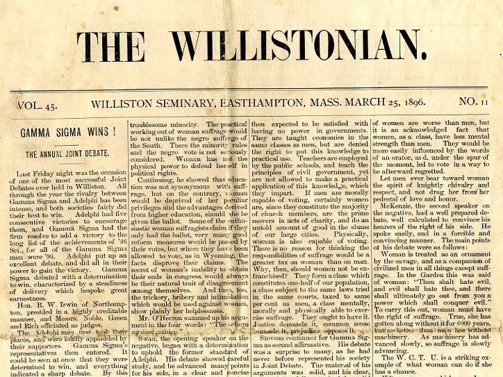 The Willistonian devoted two full pages, including the front, to the joint Women Suffrage debate of 1896. (For a copy of the full article, please email the archivist.)