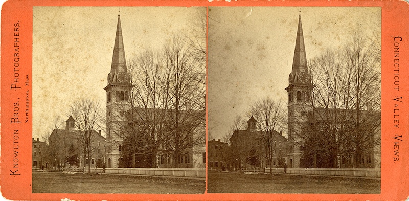 The Payson Church, now the Easthampton Congregational Church, on Main Street, with Williston's Old Campus in the background. (Easthampton Congregational Church Archives)