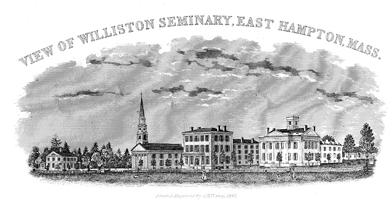 Williston Seminary in 1845. First Church is left of center, then English Hall and the original Seminary Building, or "Old White Sem."