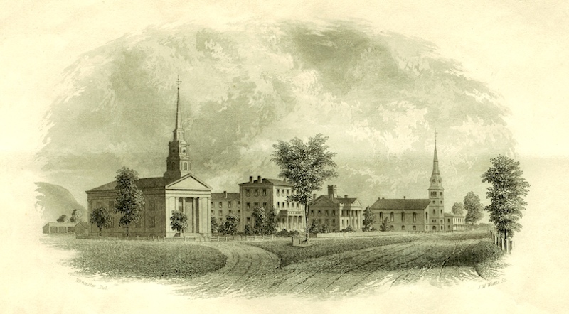The Seminary in 1856, flanked by the First and Payson Churches.