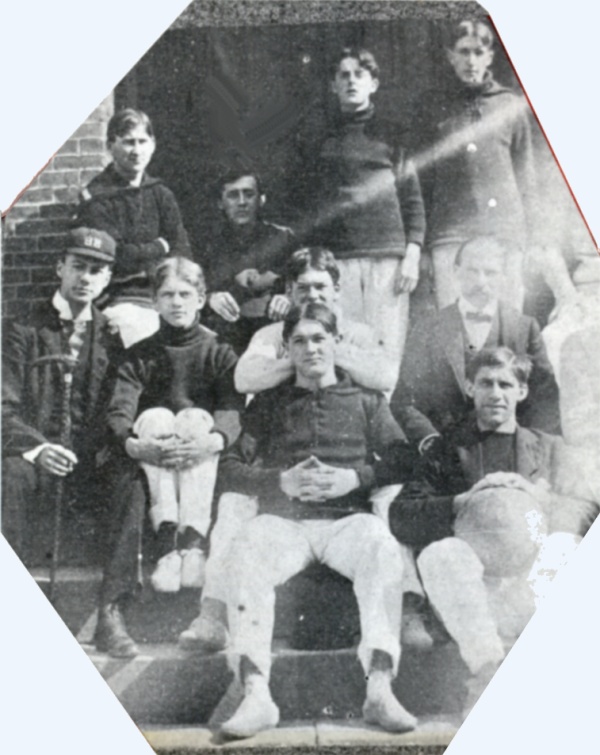 A sadly deteriorated scrapbook photo of the first team.  Bill Crawford is front and center; we think John Frizzell is in the back row, second from left.