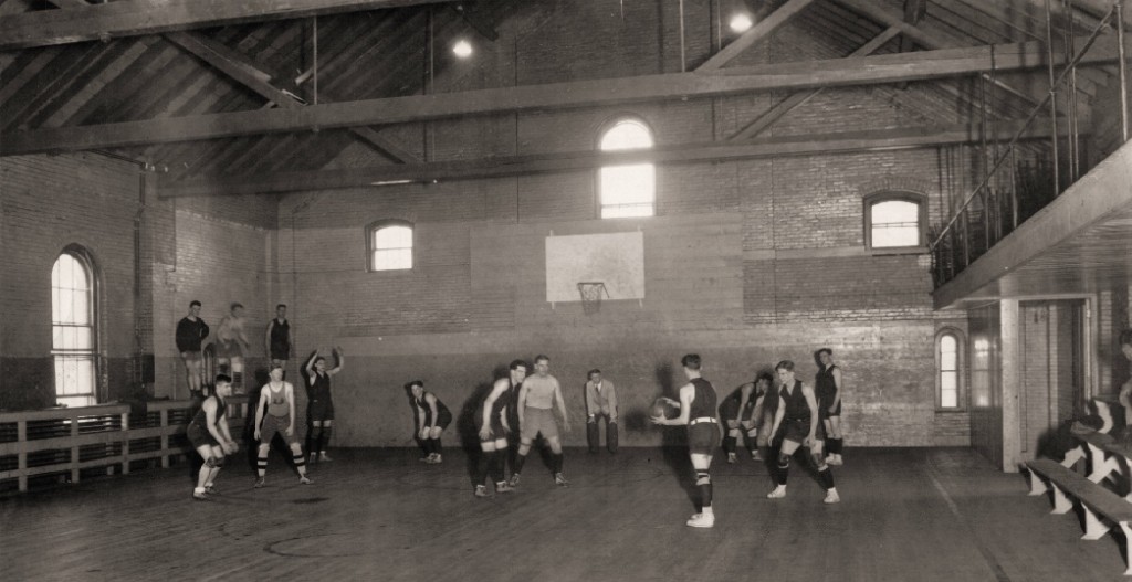 A rare photo of a game in progress in the Old Gym, ca. 1905.