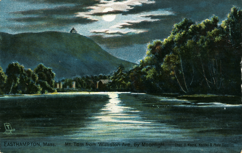 Postcard, ca. 1910, of Nashawannuck Pond by moonlight. (Click all images to enlarge.)