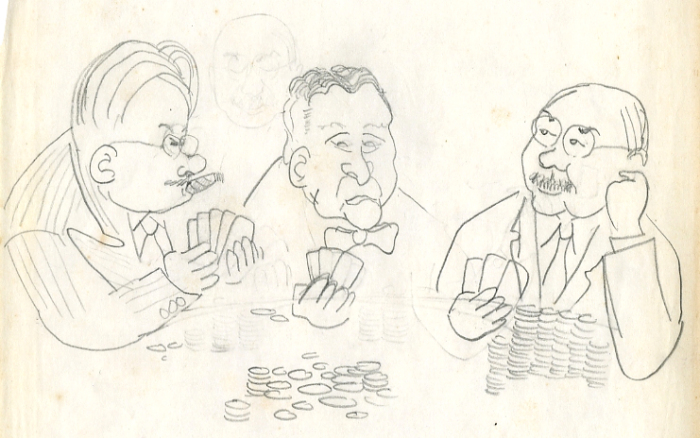 One of the newly acquired sketches, featuring chemistry teacher Ralph "Doc" Phillips, Dean A. L. Hepworth, and French teacher/drama coach/Alumni Secretary/Ford Hall master Howard G. Boardman.