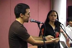 Lin-Manuel Miranda (Usnavi) and Karen Olivo (Vanessa) during the sitzprobe for the original Broadway production of "In the Heights."