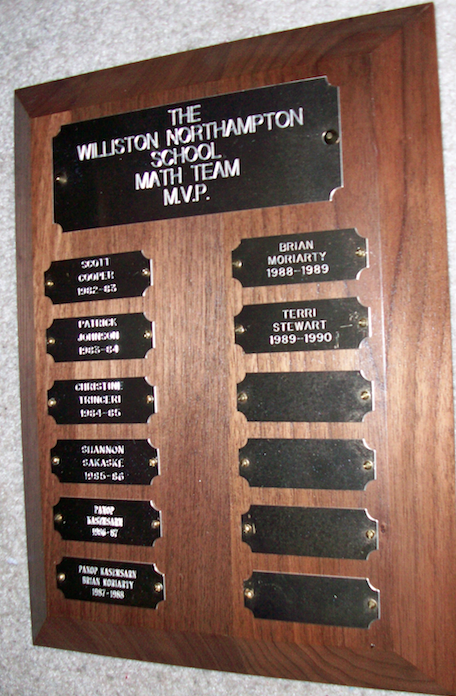 From Kathy: "The Math Team MVP plaque that was displayed in my mother's classroom in the school house."