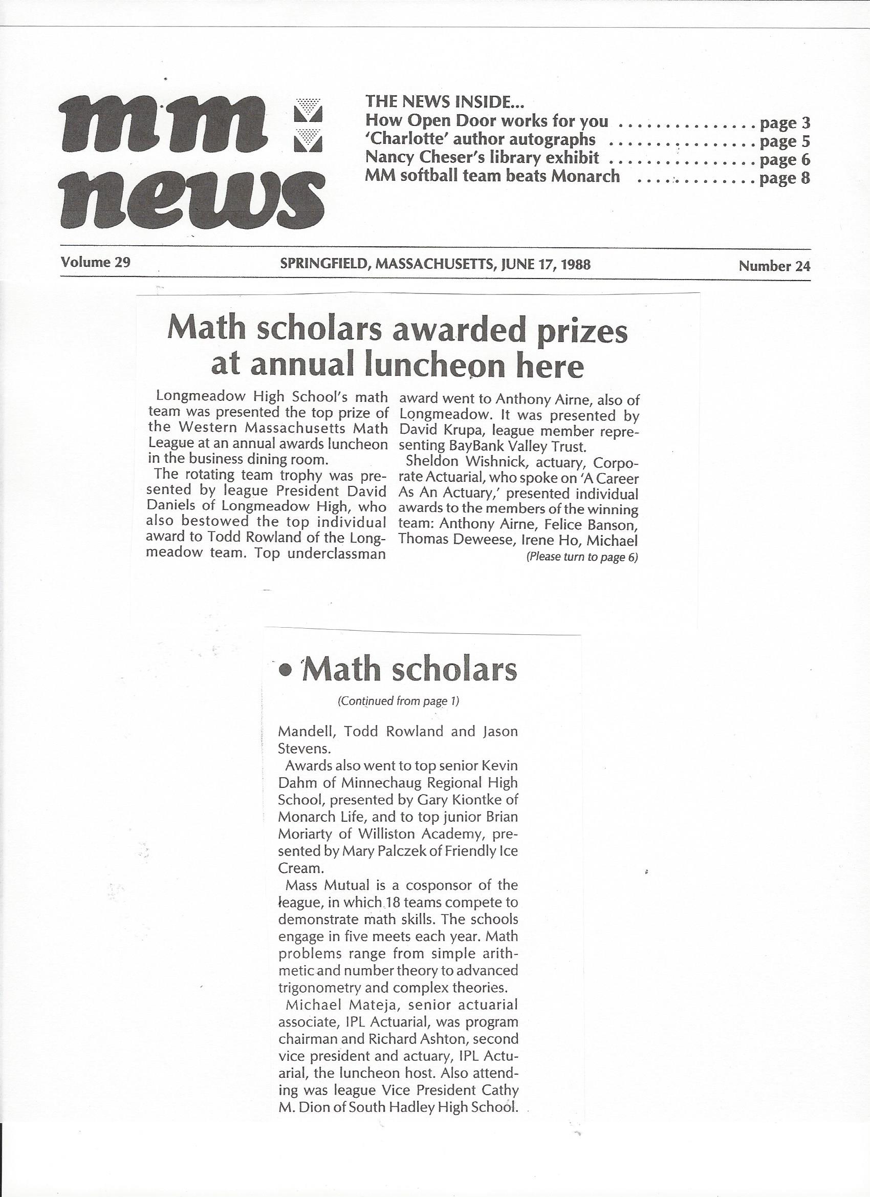 Mass Mutual News article documenting attendance at the 1988 Western Mass Math League awards luncheon held at Mass Mutual Insurance Company honoring top scoring students.