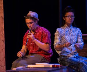 Kevin O'Sullivan '18 on the slide whistle during a dress rehearsal of "The Comedy of Errors"